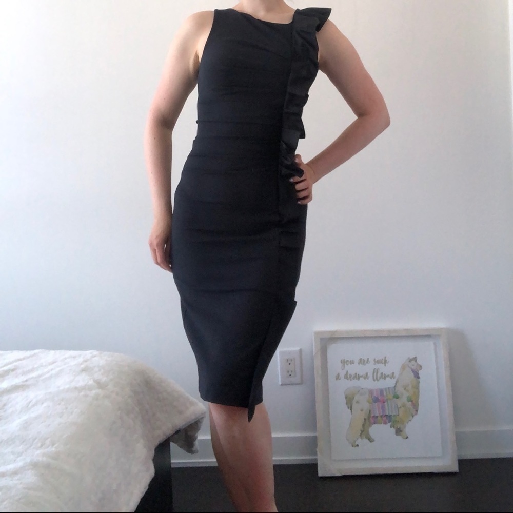 Max Mara dark blue black sheath dress ruffle front work career cocktail lbd S 4